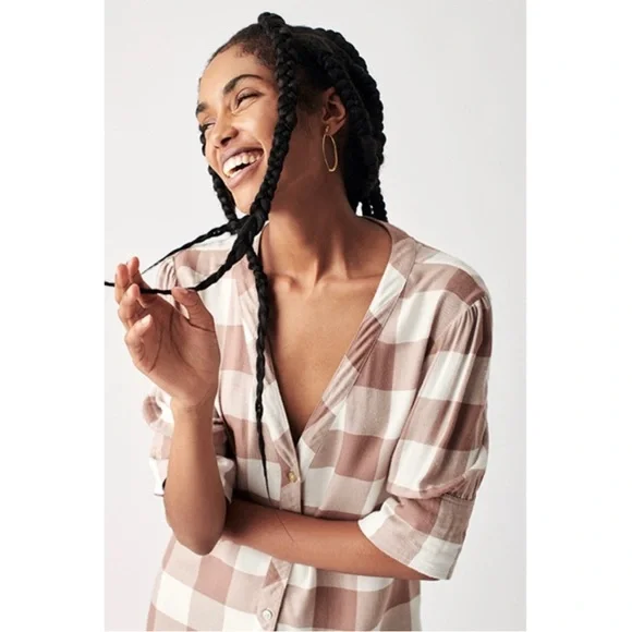 VGUC Faherty Helena dress buffalo check brown white button up pockets Small - Picture 3 of 12